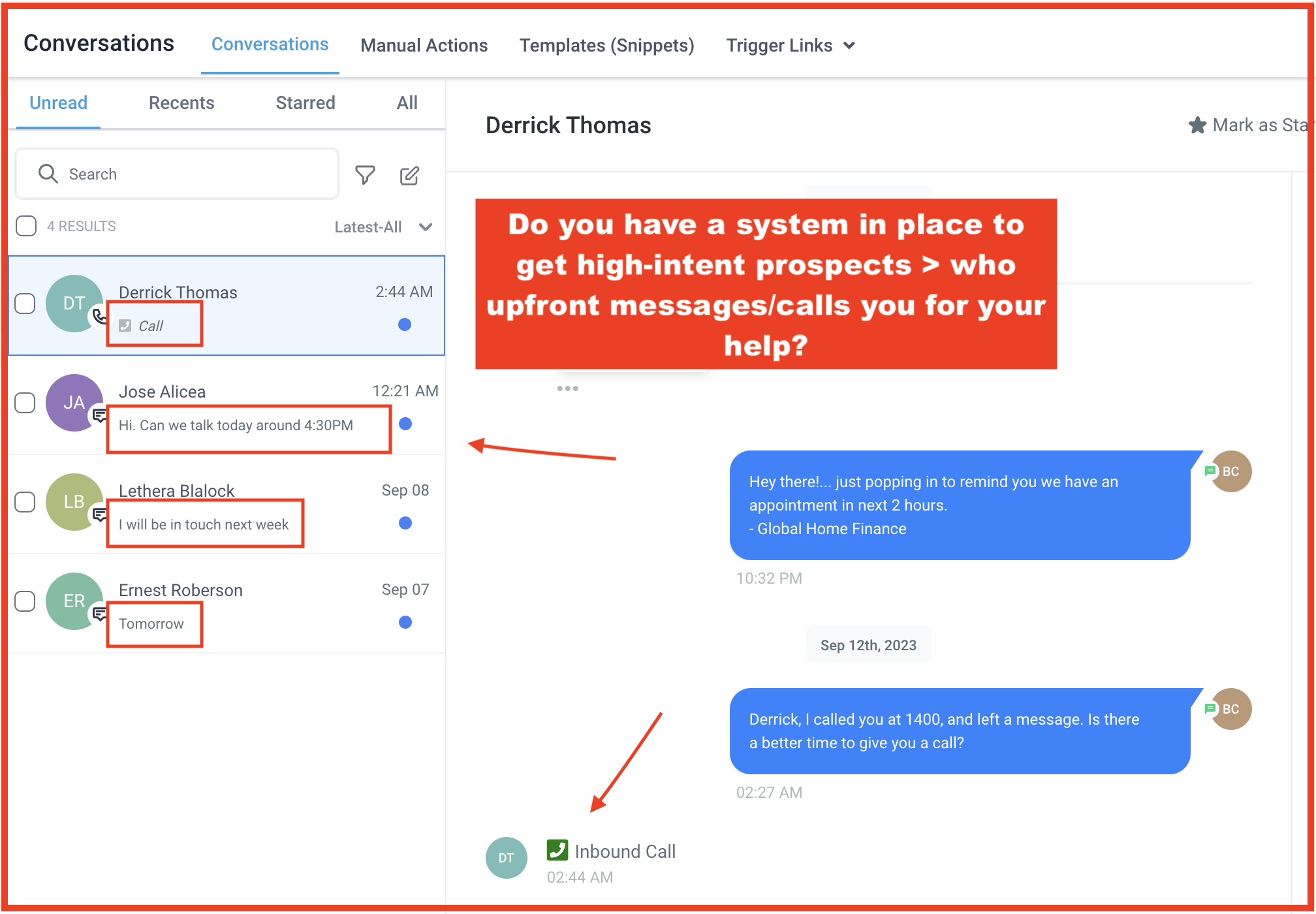 Inbound messages and calls view