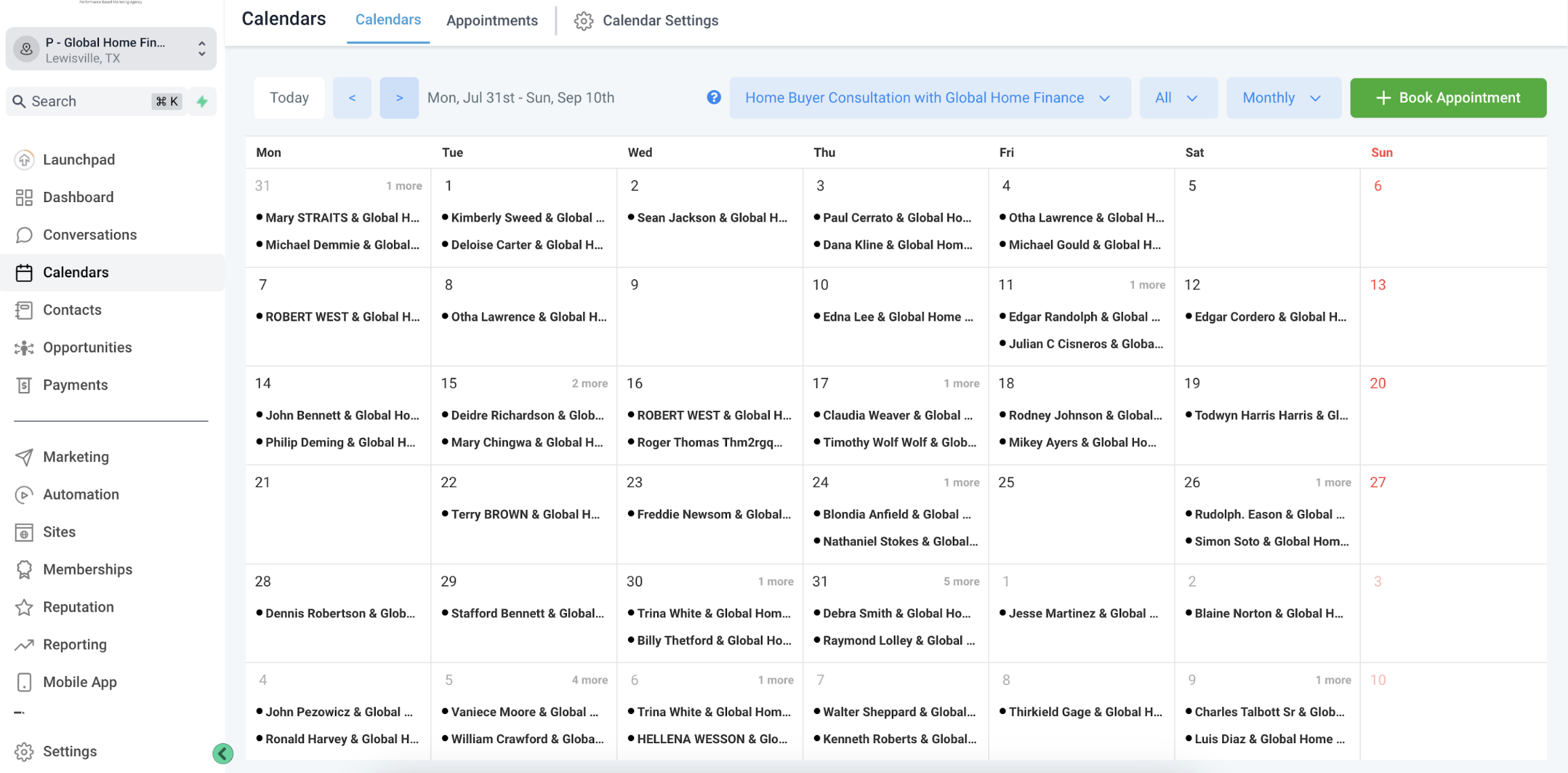 Calendar and appointment booking view